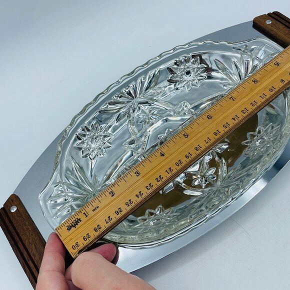 Vintage Holiday Relish Cranberry Kromex Sculptura Chrome Wood Handled Platter - Picture 5 of 7
